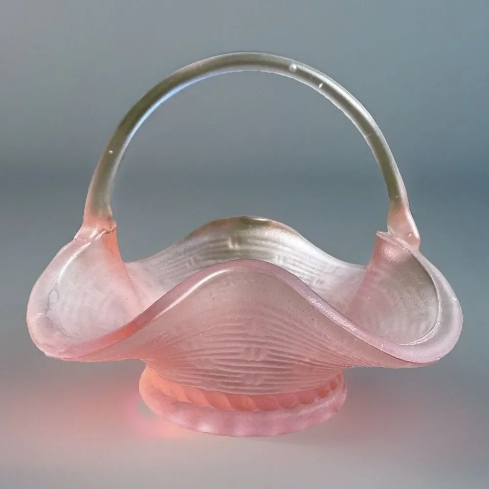 VTG Pink Frosted Satin Glass Basket Weave Small Candy Nut Dish 4.5